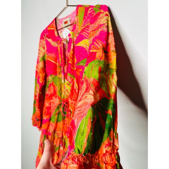 FARM RIO Pink Orange Floral Cotton A-Line Tie Waist Ombre Forest Mini Dress S - Picture 6 of 16